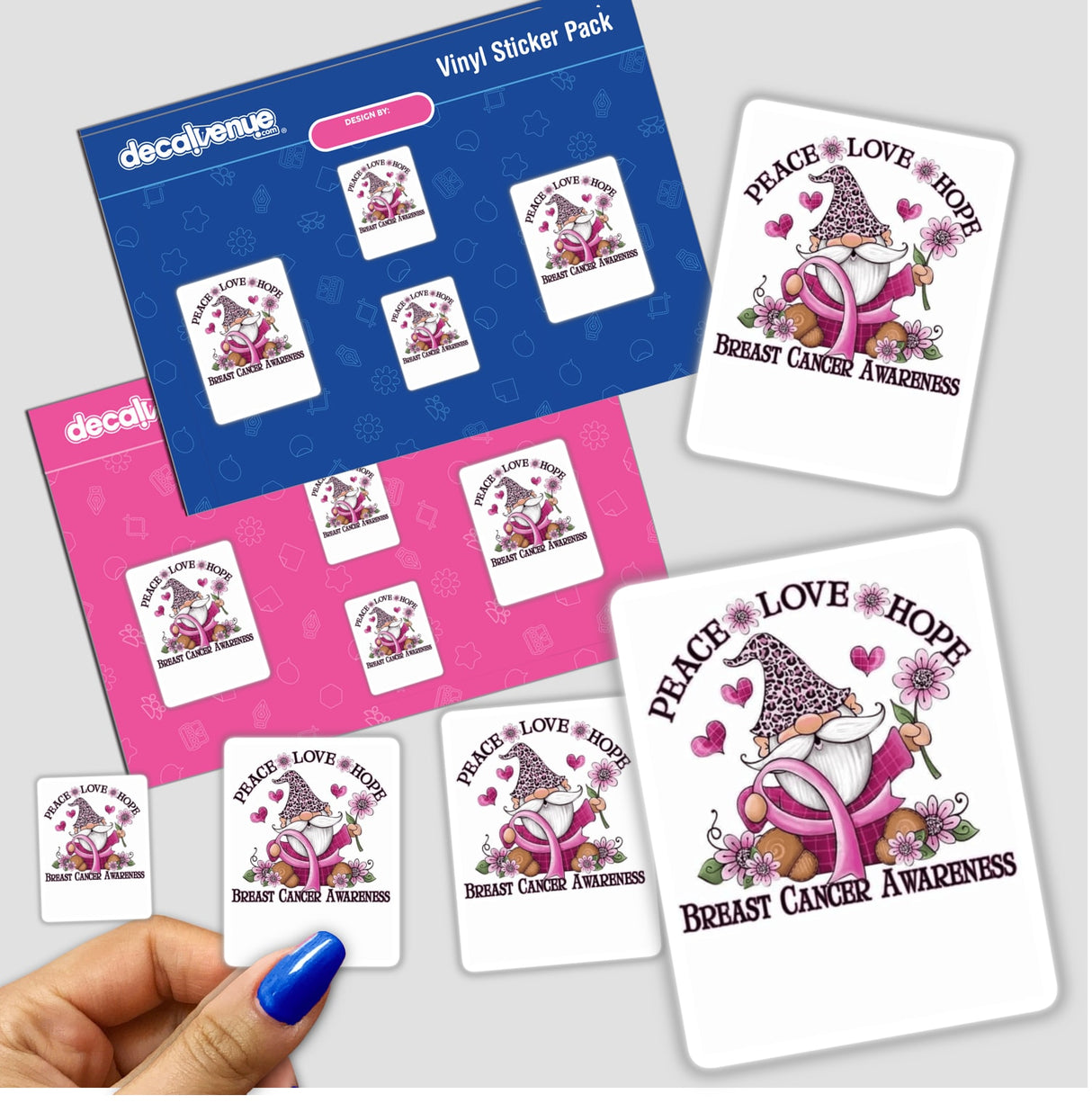 Gold Breast Cancer Series 8 sticker featuring a cartoon gnome holding a pink ribbon and flowers.