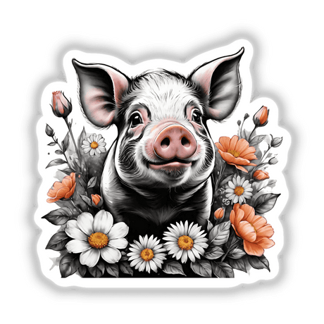 Adorable pig portrait surrounded by vibrant floral accents featuring poppies and daisies, a whimsical digital artwork creation.