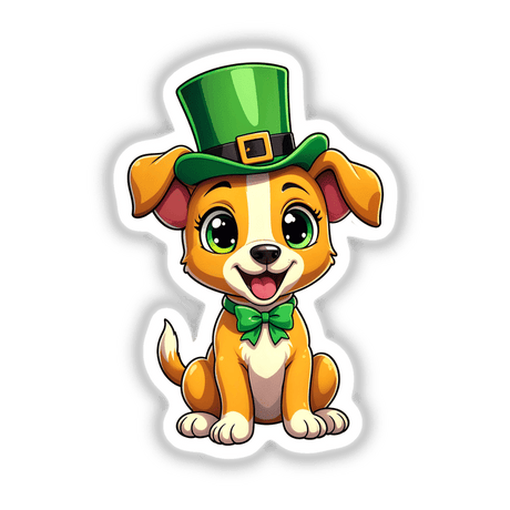 St. Patrick's Day Puppy cartoon featuring a dog with a green hat and bow tie. Available as stickers or digital artwork from Decal Venue, specializing in unique designs.