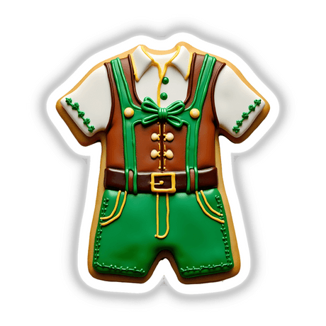 Lederhosen Shaped Cookie with Green and Brown Icing for Oktoberfest, available as stickers or digital artwork.