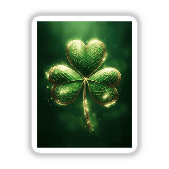 Glowing Celtic Shamrock – Green Clover with Golden Knotwork, featuring intricate gold designs on a vibrant green shamrock, available as stickers or digital artwork.