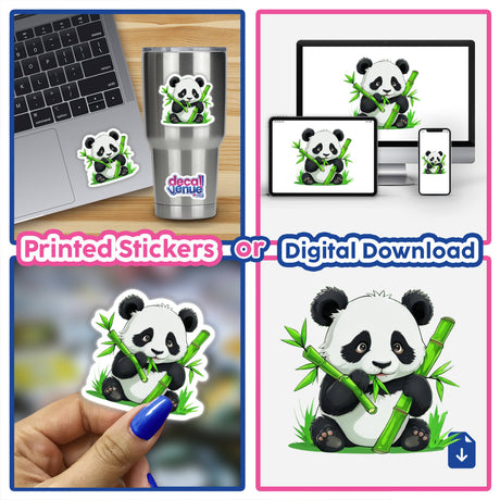 Chibi Panda with Bamboo Sticker - Cute panda decal featuring a cartoon panda holding bamboo, ideal for laptops and cups. Available as stickers or digital artwork for commercial use.