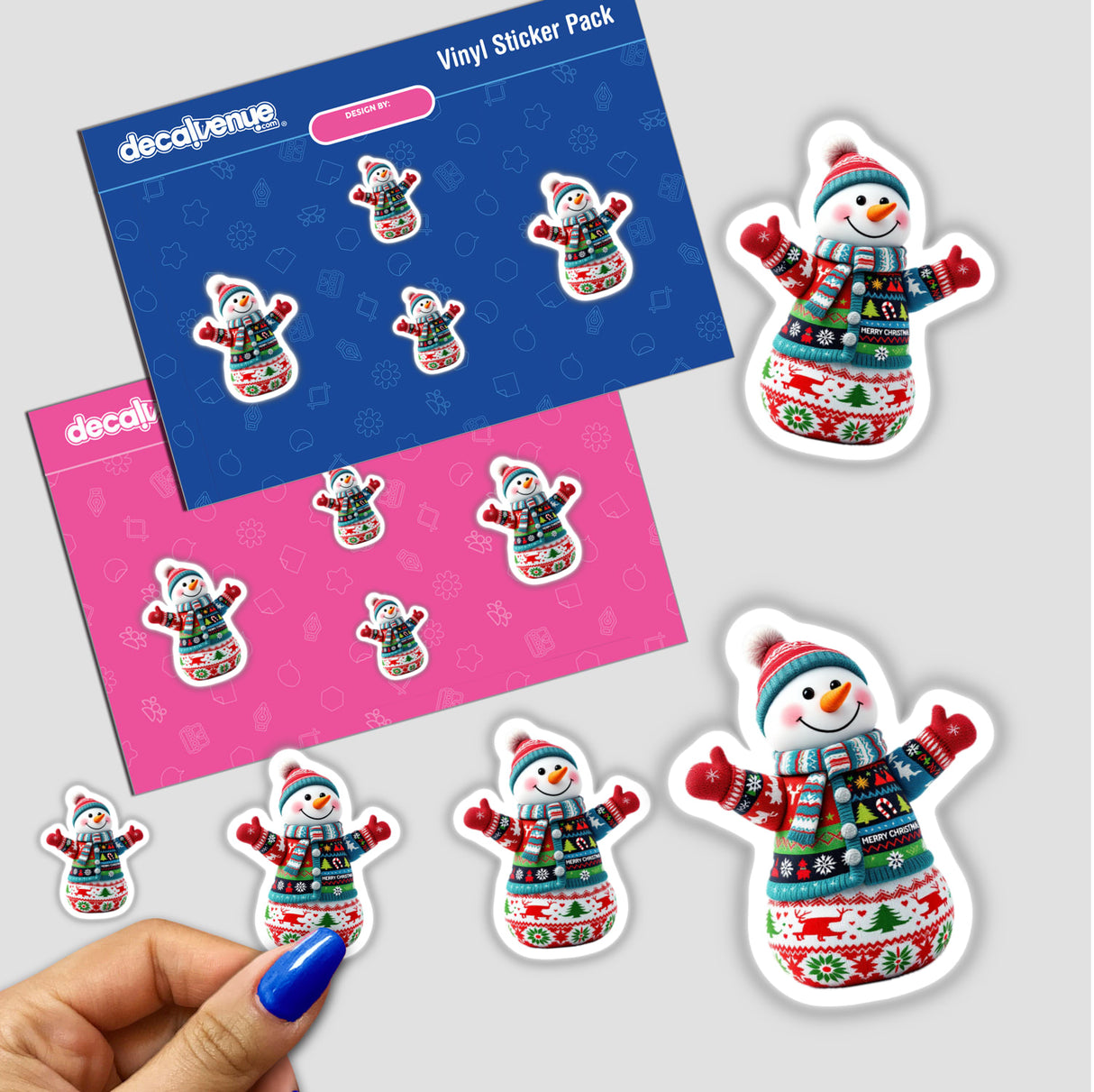 Sticker pack titled Snowman in Ugly Christmas Sweater, featuring cartoon snowmen in festive sweaters and hats. Available as stickers or digital artwork, reflecting Decal Venue's unique and playful style.