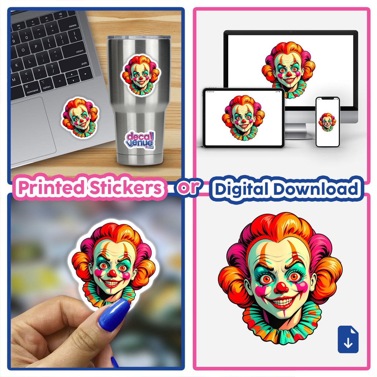 Collage of A Crazy Clown Girl stickers, featuring various cartoon clown designs. Includes a close-up of a sticker held in hand, emphasizing its unique style from Decal Venue.