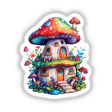 Trippy Mushroom House sticker or digital art featuring a whimsical mushroom house with a door, windows, and a playful face.