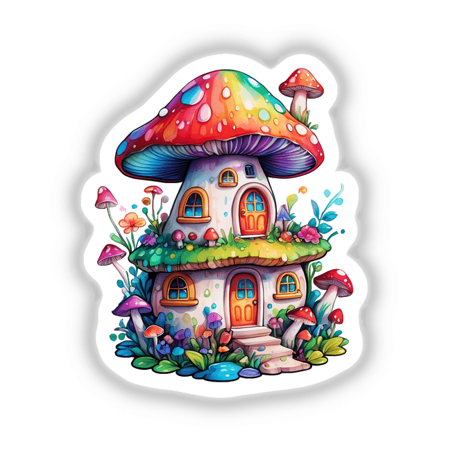 Trippy Mushroom House sticker or digital art featuring a whimsical mushroom house with a door, windows, and a playful face.