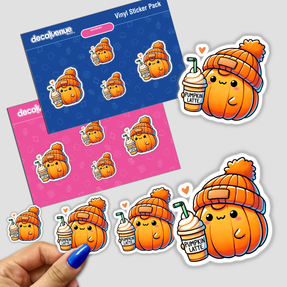 Cute Pumpkin with hat and coffee stickers, featuring cartoon pumpkins holding drinks. Available as physical stickers or digital artwork from Decal Venue, specializing in unique stickers and digital art.