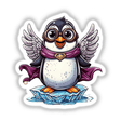 Superhero Penguin with Goggles and Wings on an Iceberg depicted as a cartoon, available as stickers or digital artwork, showcasing a dynamic pose with cape and goggles.