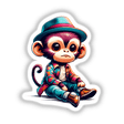 Fashionable Monkey cartoon sitting on the floor, available as stickers or digital artwork from Decal Venue, known for unique stickers and digital art.