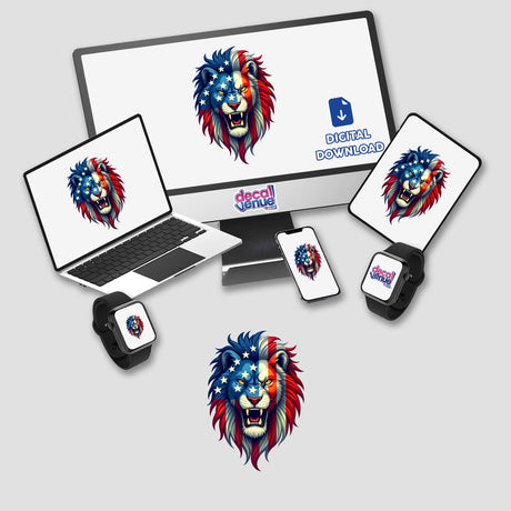 A Cool American Flag Lion design displayed on various devices, showcasing a lion's head adorned with stars and stripes, available as stickers or digital artwork.