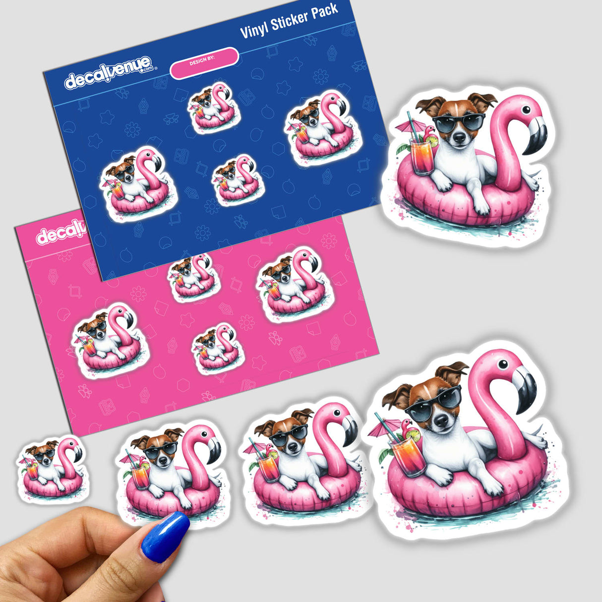 Jack Russell Dog on Flamingo Float sticker pack featuring a cartoon dog wearing sunglasses in a flamingo float. Available as stickers or digital artwork.