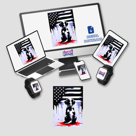 A Cute Puppy Looks At The American Flag displayed on a laptop screen, available as stickers or digital artwork from Decal Venue.