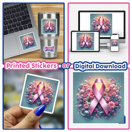 Breast Cancer Silver Series 4: A collage featuring pink ribbons, flowers, a laptop, and close-ups of fingers, highlighting awareness and support for breast cancer. Available as stickers or digital artwork.