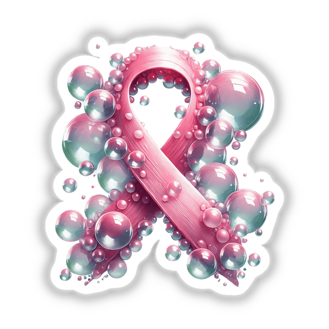 Bubbles Pink Ribbon Breast Cancer sticker featuring a pink ribbon adorned with bubbles, symbolizing support for breast cancer awareness. Available as unique stickers or digital artwork from Decal Venue.