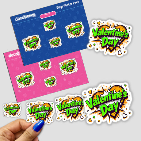 Valentine's Day Love Heart sticker, featuring a graphic heart with green and yellow text, held by a hand. Available as a sticker or digital artwork from Decal Venue.