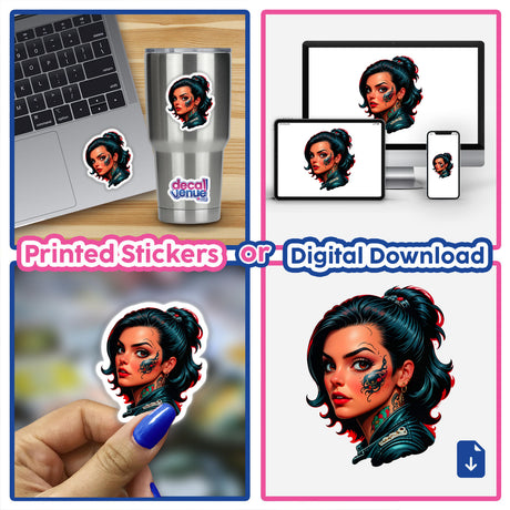 A collage featuring A Pretty Biker Girl With Tattoos as stickers and digital art, depicting a woman with black hair and facial tattoos, displayed on various surfaces.