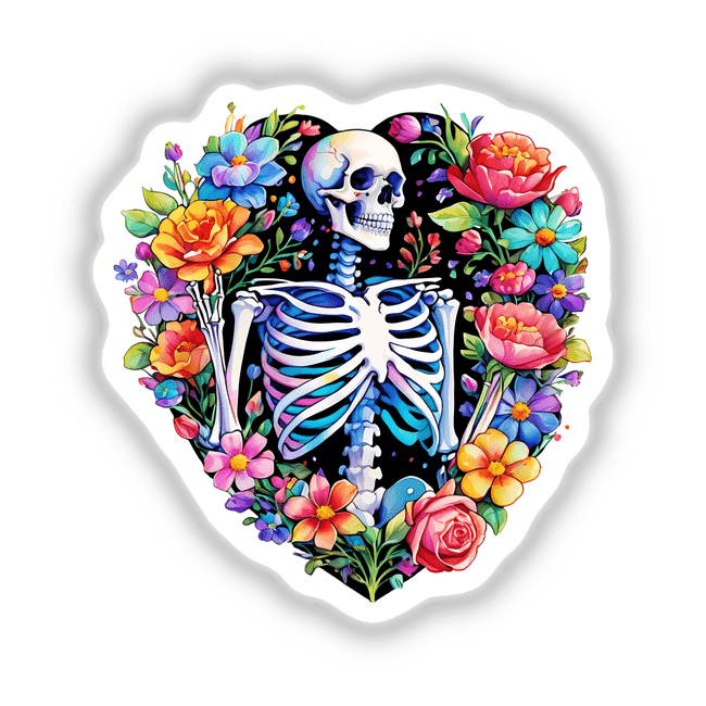 Floral skeleton heart illustration featuring a skeleton encased in a heart surrounded by flowers, available as stickers or digital artwork.