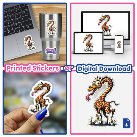 Girafa Corcunda collage featuring stickers and digital artwork of cartoon giraffes with long necks and tongues, displayed on laptops, cups, and nails.