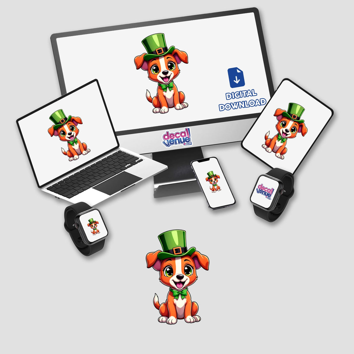 St. Patrick's Day Puppy digital artwork featuring cartoon dogs on a monitor and laptop. Available as stickers or digital art, highlighting playful, festive themes from Decal Venue.