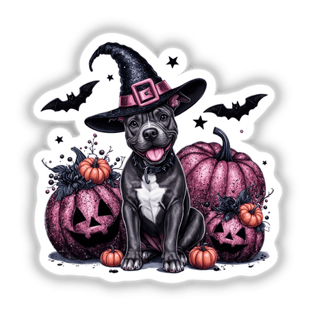 Halloween Pitbull Dog wearing a hat surrounded by pink glitter pumpkins, available as stickers or digital artwork.