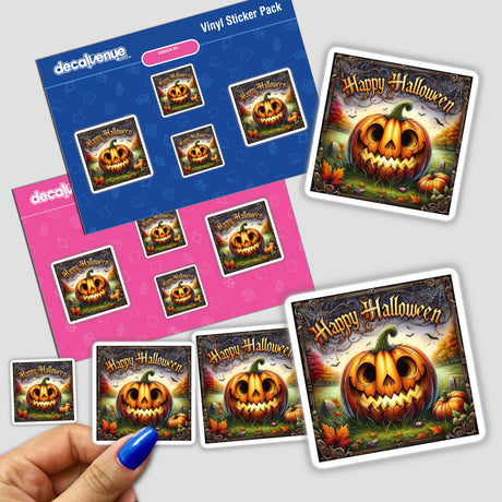 Hand holding a Bronze Halloween Series 5 sticker pack featuring pumpkin-themed designs, available as stickers or digital artwork.