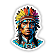 A Native American Warrior Chief depicted with a vibrant headdress and face paint, available as unique stickers or digital artwork from Decal Venue.