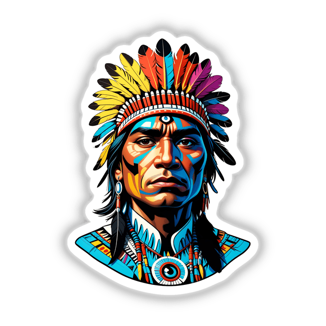 A Native American Warrior Chief depicted with a vibrant headdress and face paint, available as unique stickers or digital artwork from Decal Venue.