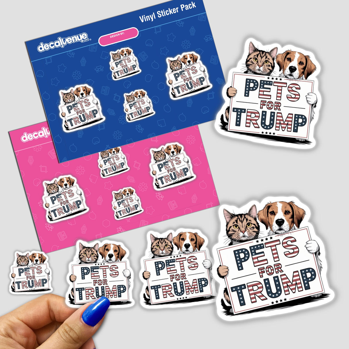 Stickers featuring cartoon cats and dogs holding signs with Pets for Trump Cat and Dog MAGA Make Pets Great Again, available as unique stickers or digital artwork.