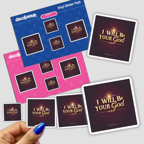 Hand holding 'I Will Be Your God – Exodus 6:7' Christian Sticker pack, showcasing unique designs available as stickers or digital artwork with commercial rights from Decal Venue.