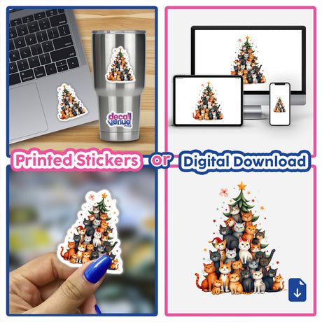 Cat Christmas Tree sticker collage featuring cats nestled within a Christmas tree. Available as stickers or digital artwork, ideal for adding festive charm to laptops and more.