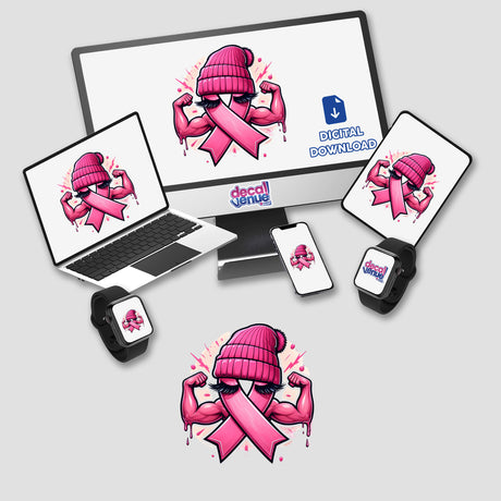 Flexing Pink Breast Cancer Ribbon Beanie stickers or digital artwork featuring a pink ribbon with a hat and mustache on computer screens, laptops, cellphones, and smartwatches.