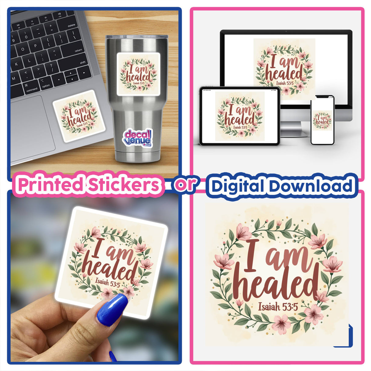 I Am Healed - Isaiah 53:5 design featuring a floral motif on a laptop, available as a Christian faith-based sticker or digital clipart with commercial rights.