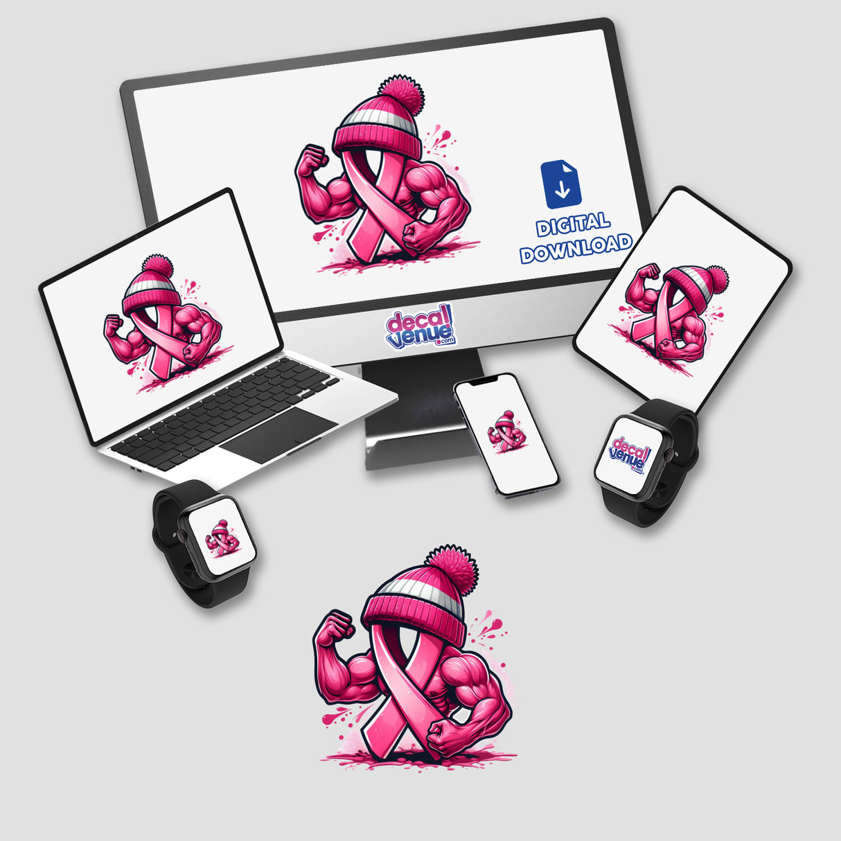 Flexing Pink Breast Cancer Ribbon Beanie II depicted on a computer monitor and laptop screen, showcasing the design as stickers or digital artwork.