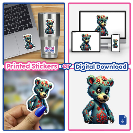 A Macabre Scary Bear sticker, featuring a cartoon bear holding a blue pill and surrounded by flowers, ideal for laptops or cups. Available as stickers or digital artwork.