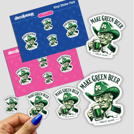 Sticker design titled Make Green Beer Great Again Cowboy Trump II, featuring a cartoon man holding a green beer mug, available as a unique vinyl sticker or digital artwork.