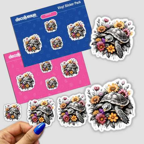 Floral-accented turtle portrait digital artwork stickers displayed on a Decal Venue product package. The stickers feature a detailed illustration of a turtle surrounded by vibrant flowers, leaves, and other nature elements.