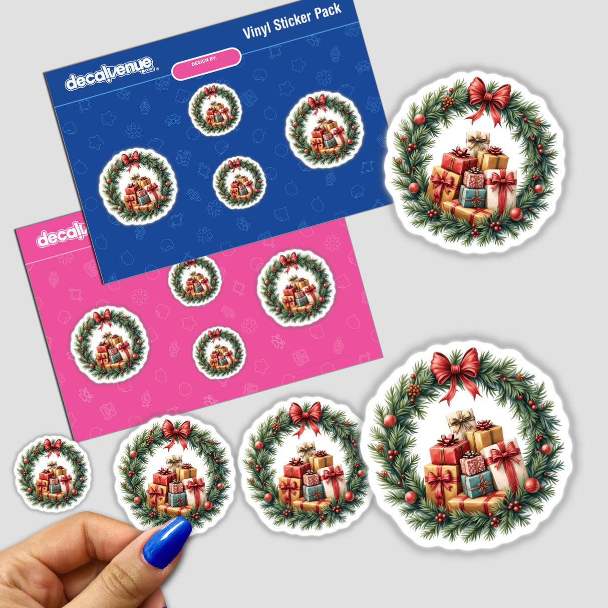 Wrapped Presents in a Christmas Wreath stickers, featuring a festive wreath adorned with presents and red bows, ideal for adding holiday charm to crafts or as digital art.