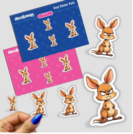 Grumpy Cartoon Kangaroo with Big Ears and Folded Arms sticker featuring an angry expression. Available as stickers or digital artwork from Decal Venue.