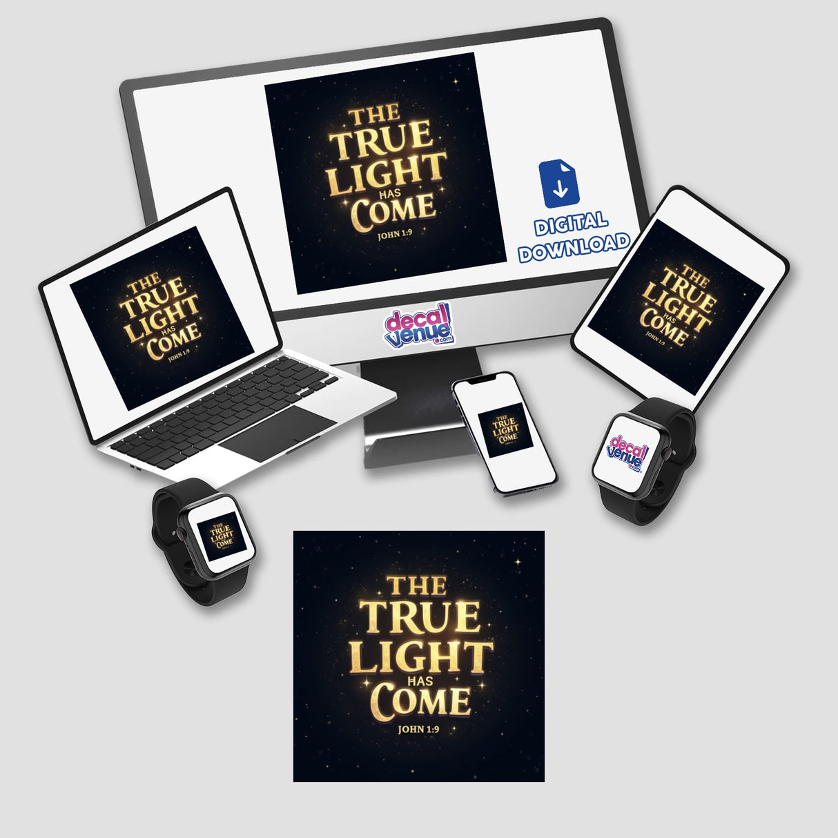 The True Light Has Come – John 1:9 – Christmas Bible Verse Sticker or Clipart displayed on a monitor and smartphone, highlighting its digital and printable design for versatile use.