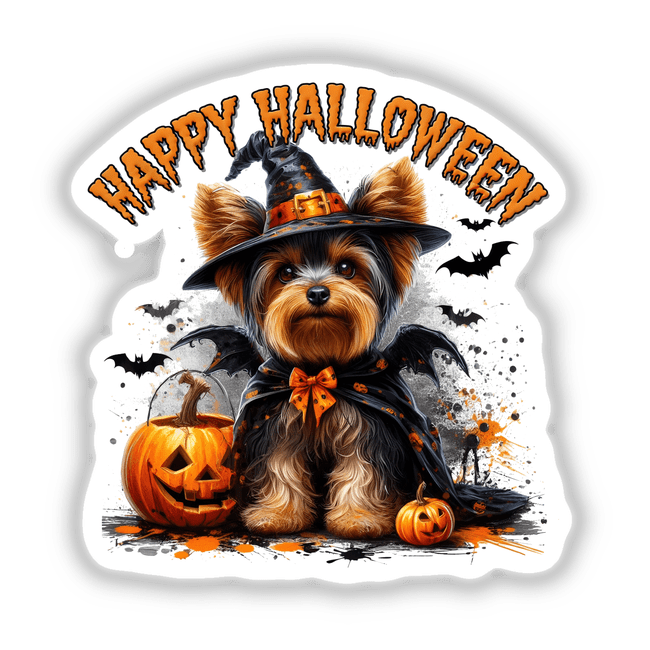 Halloween Yorkie Dog in Dracula Costume II features a cartoon Yorkie wearing a Dracula-style hat and cape, available as unique stickers or digital artwork from Decal Venue.