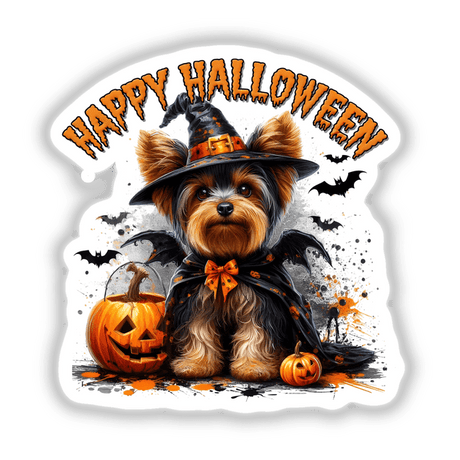 Halloween Yorkie Dog in Dracula Costume II features a cartoon Yorkie wearing a Dracula-style hat and cape, available as unique stickers or digital artwork from Decal Venue.