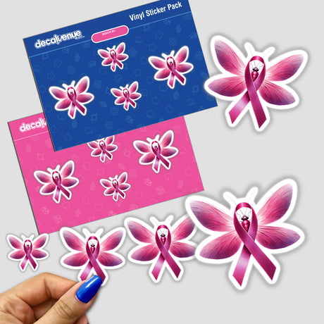 Firefly Pink Ribbon Breast Cancer stickers featuring butterflies with pink ribbons, highlighting support and awareness. Close-up of hand displaying the detailed sticker design. Available as stickers or digital artwork.