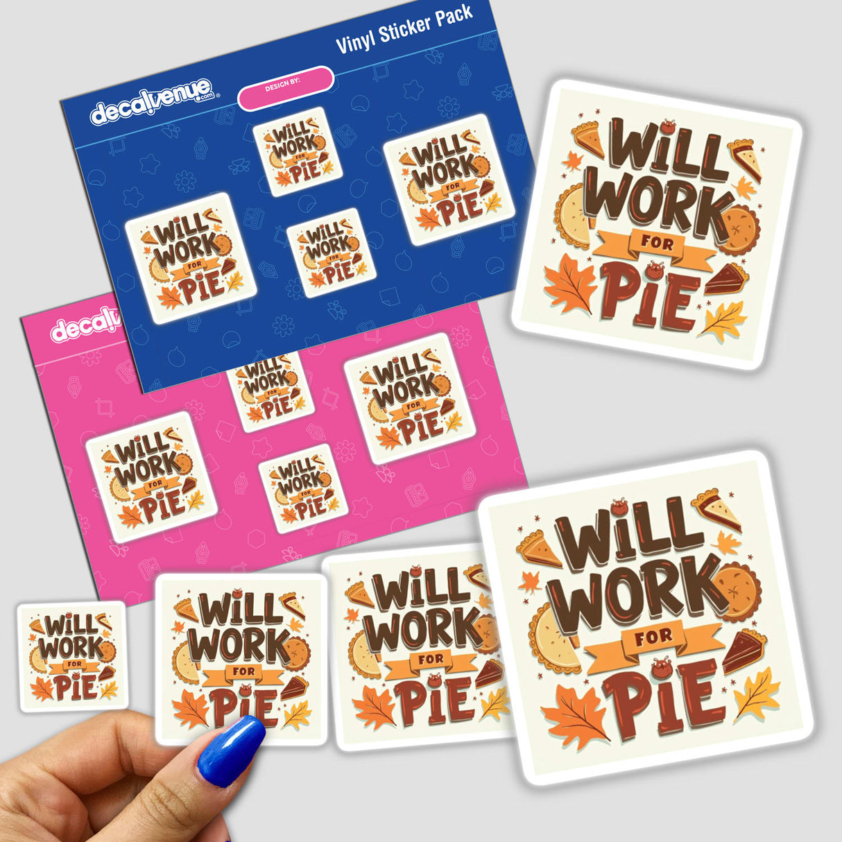 Will Work for Pie Thanksgiving Sticker & Clipart pack, showcased in a hand, featuring various designs with text, available as both physical stickers and digital artwork.