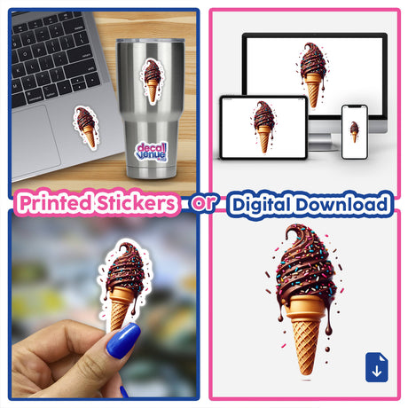 Chocolate ice cream cone with sprinkles - digital artwork for stickers or downloads shown on various devices and products from Decal Venue store