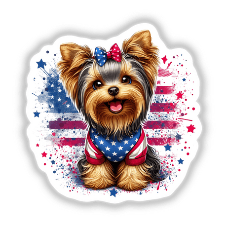 Patriotic Yorkie Dog American Flag Splatter - Adorable Yorkshire Terrier puppy wearing a patriotic bandana and bow, surrounded by vibrant stars and stripes.