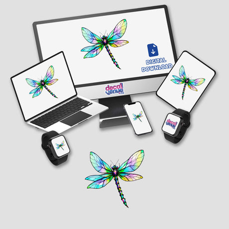 Dragonfly Stained Glass Style artwork displayed on a laptop and phone screens, available as stickers or digital artwork, reflecting Decal Venue's unique offerings of distinctive designs.