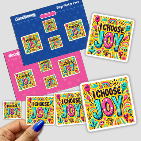 Hand holding I Choose Joy sticker pack with positive affirmations for mental health; available as stickers or digital artwork for commercial use.