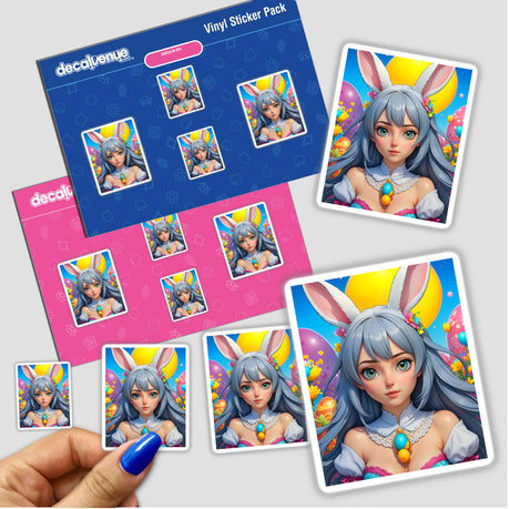 A Cute Easter Bunny Girl sticker featuring a cartoon character with long hair and bunny ears, holding a blue egg, ideal for unique vinyl sticker collections or digital artwork from Decal Venue.