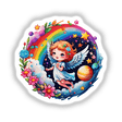 Cute Cosmic Angel: Flying Through Stars and Planets - a cartoon girl with wings and flowers, surrounded by colorful stars and planets. Available as Stickers or Digital Artwork.