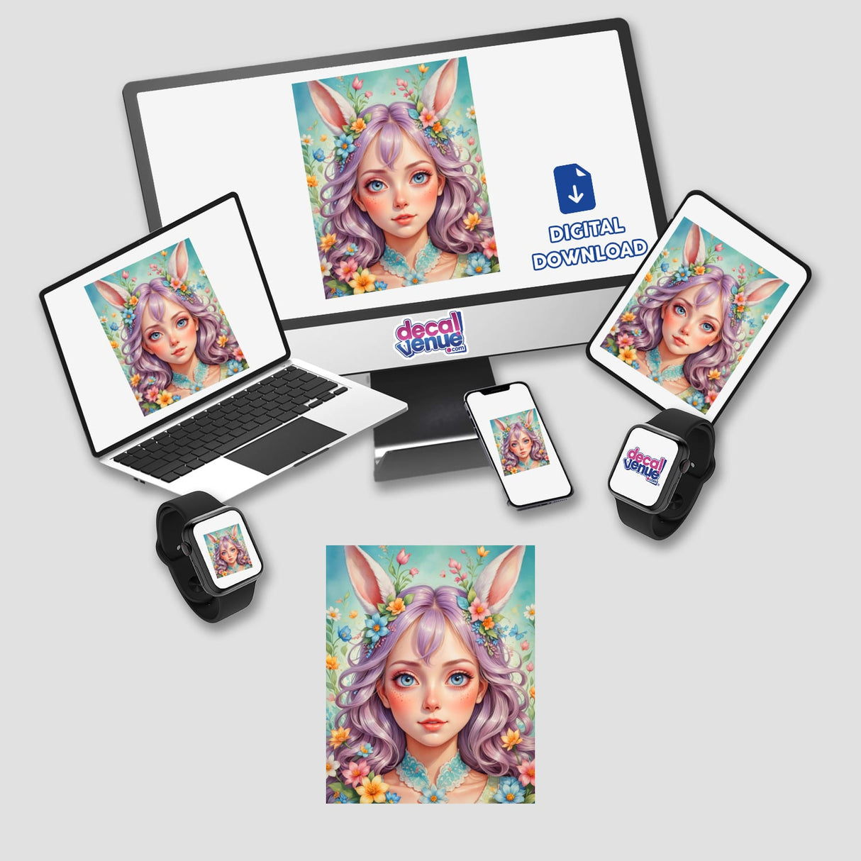 A Cute Easter Bunny Girl cartoon displayed on a computer monitor and laptop, featuring bunny ears and flowers, available as stickers or digital artwork.